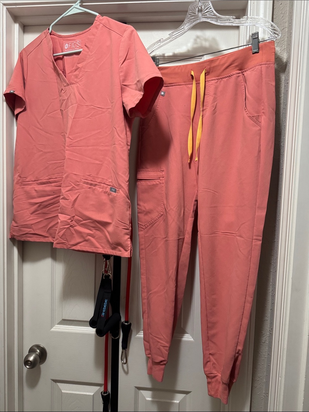 FIGS Coral Pink Scrub Top and Jogger Set with Yellow Drawstring